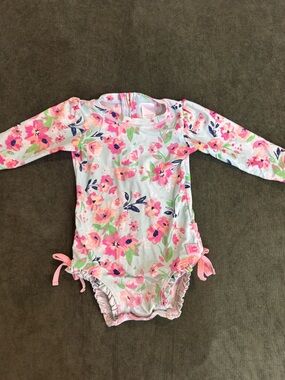 Ruffle Butts Girls' Pink Floral Long-Sleeve One-Piece Swimsuit